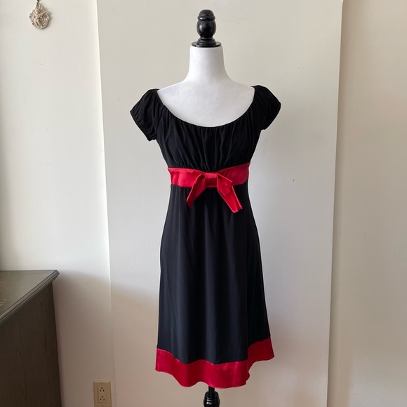 Vintage 90s black red stretchy peasant style top cocktail dress - Picture 2 of 11